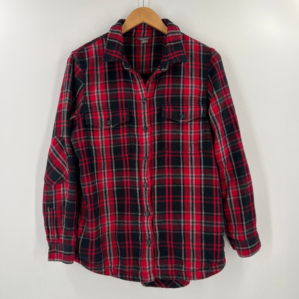 Eddie Bauer Lumberjack Plaid Flannel Shirt Women L Outdoors Camping‎ Elbow Patch